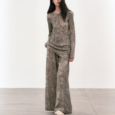 Botanical Print Long Sleeve Simulated Silk Top + Elastic Waist Pleated Loose Trouser