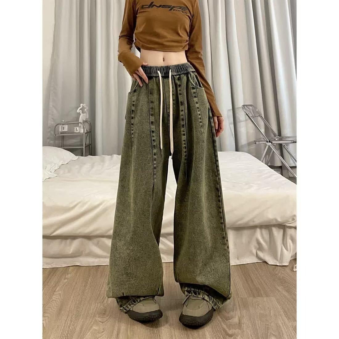 pring Women Vintage Baggy Jeans Elastic Waist Oversized American Trouser Denim Wide Leg Streetwear Straight Basic Pants Y2k