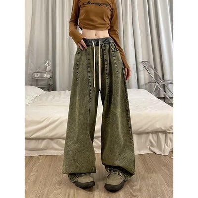 pring Women Vintage Baggy Jeans Elastic Waist Oversized American Trouser Denim Wide Leg Streetwear Straight Basic Pants Y2k