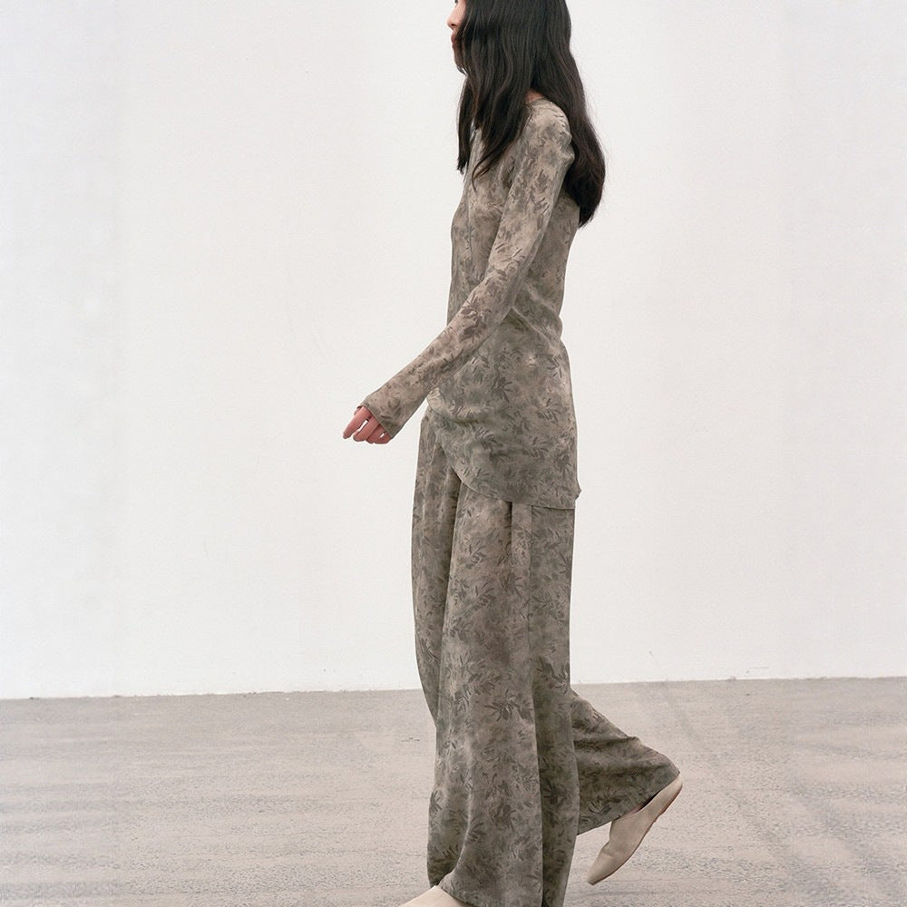 Botanical Print Long Sleeve Simulated Silk Top + Elastic Waist Pleated Loose Trouser