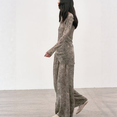 Botanical Print Long Sleeve Simulated Silk Top + Elastic Waist Pleated Loose Trouser