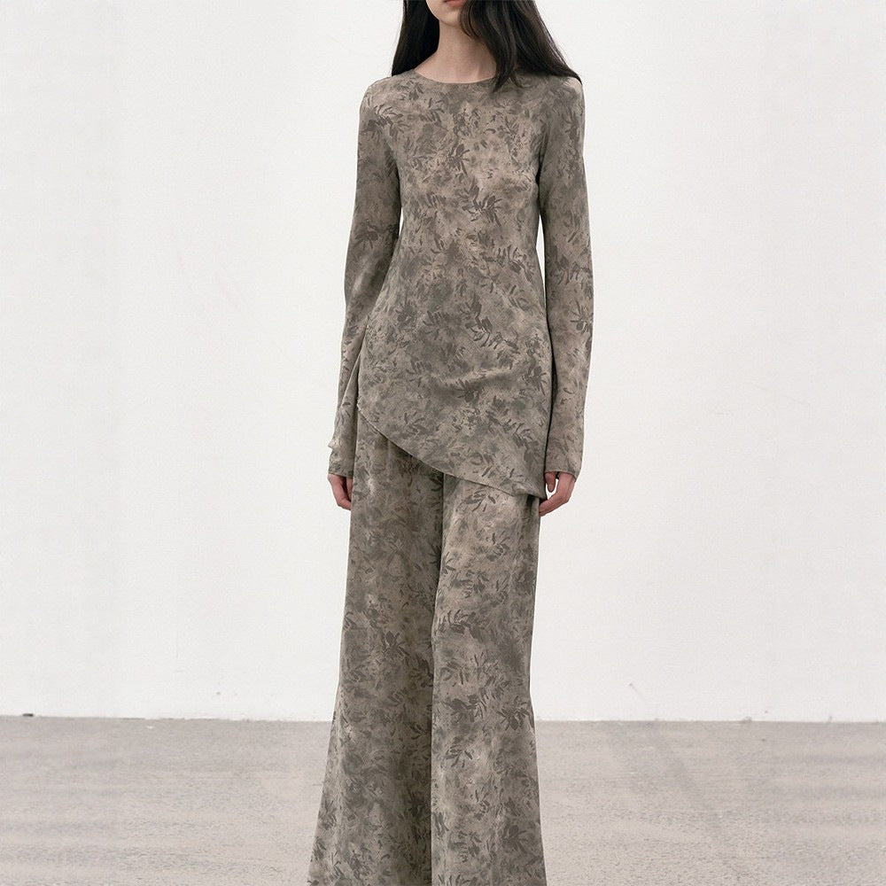 Botanical Print Long Sleeve Simulated Silk Top + Elastic Waist Pleated Loose Trouser