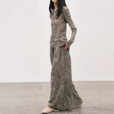 Botanical Print Long Sleeve Simulated Silk Top + Elastic Waist Pleated Loose Trouser