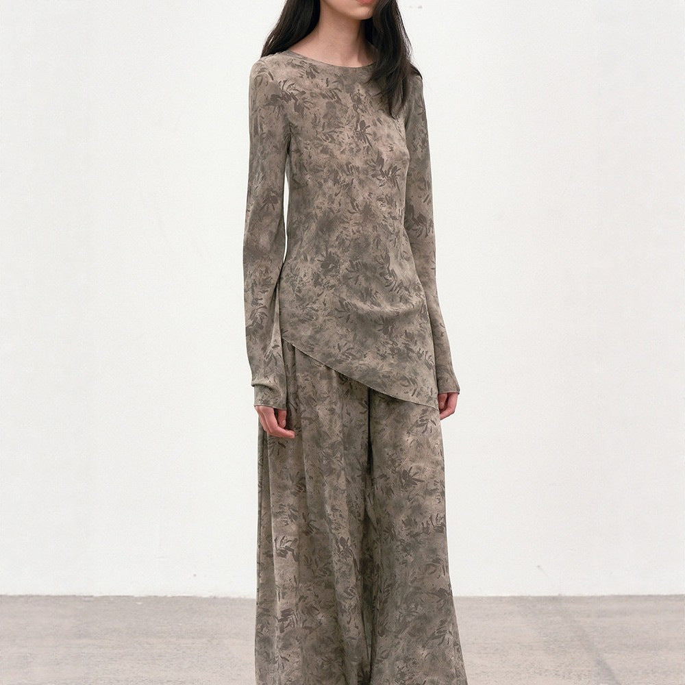 Botanical Print Long Sleeve Simulated Silk Top + Elastic Waist Pleated Loose Trouser