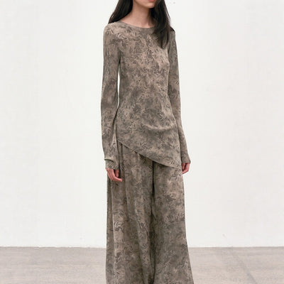 Botanical Print Long Sleeve Simulated Silk Top + Elastic Waist Pleated Loose Trouser